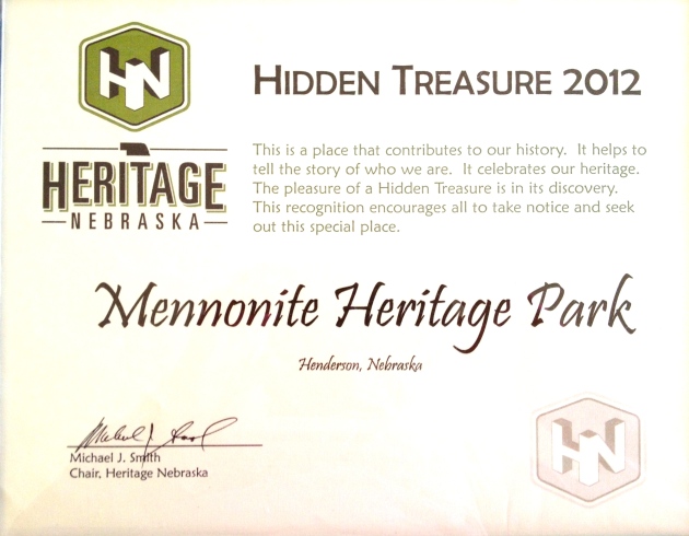 The Henderson Mennonite Heritage Park was awarded the Hidden Treasure Award in 2012.